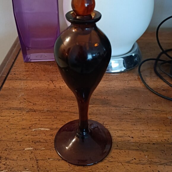 Vintage Art Glass Perfume Bottle Amber Large Glass Stopper - Picture 2 of 6